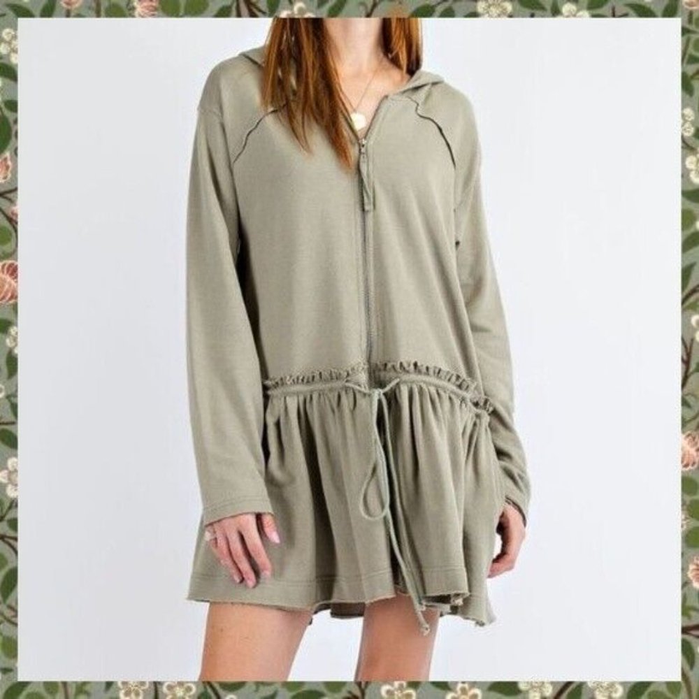 EASEL Lux Cotton Zip Front Hoodie Drawstring Waist Ruffled Trim Raw Seams SOFT! - Picture 7 of 10